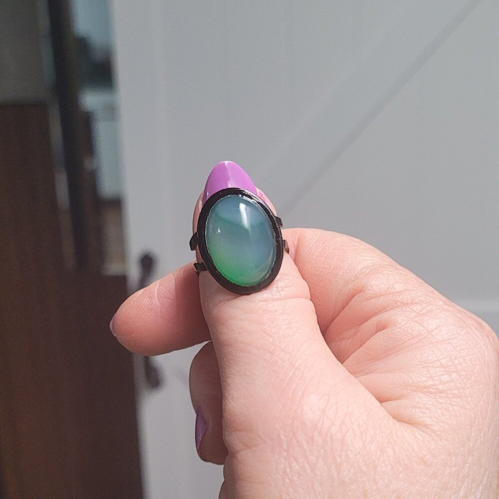 Green Banded Agate Stone Ring on Black Bezel Setting NWT Handmade